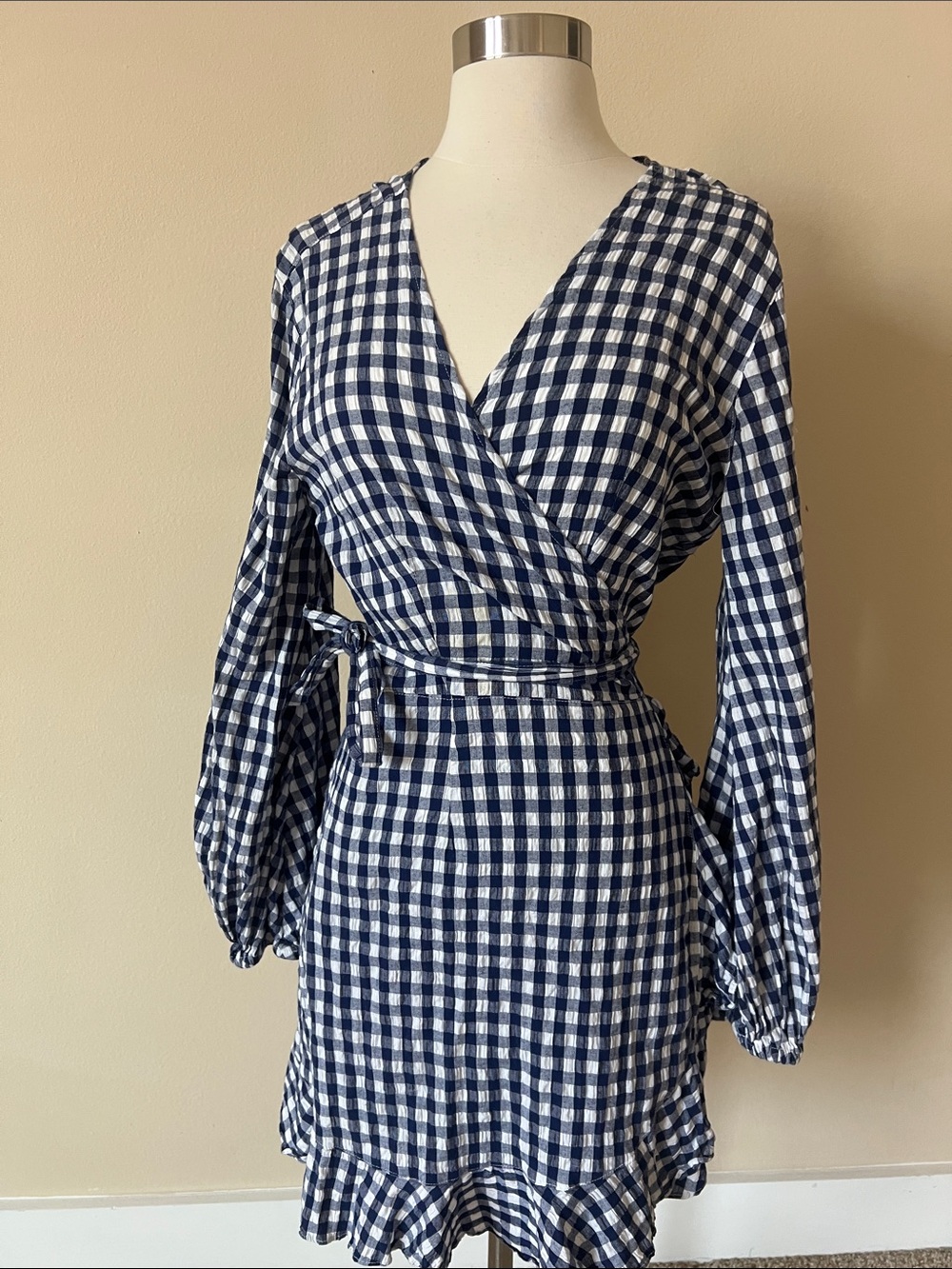 Sneak Peek Navy & White Gingham Wrap Dress with Ruffle Hem